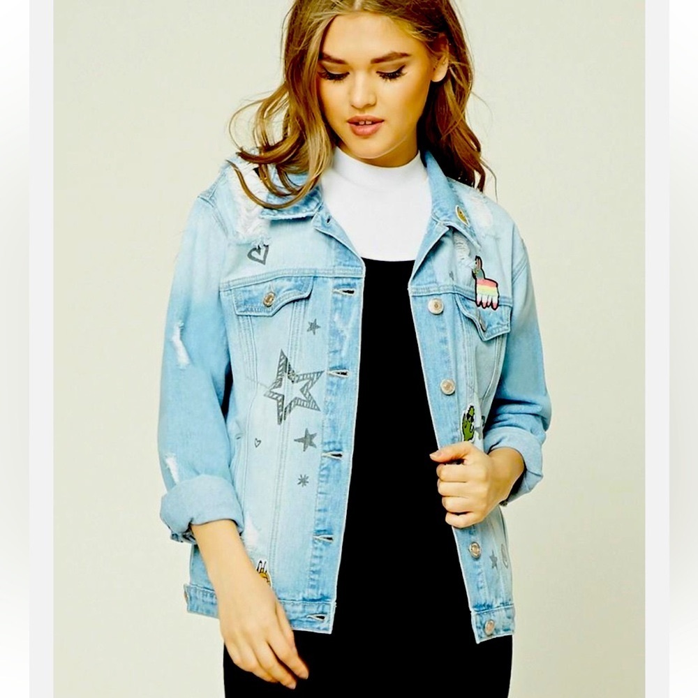 Forever 21 | Distressed Denim Jacket Blue Llama Cactus Patched | Women Plus 2X
